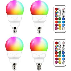 ILC E12 LED Light Bulbs (40w Equivalent) 5W, Color Changing RGB, 5700K Daylight White, Small Base Candelabra Round Light Bulb, A15 Candle Base, 12 Colors 2 Modes Timing with Remote Control (4 Pack)