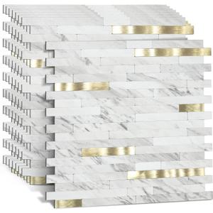 8 Pieces Peel and Stick PVC Mosaic Backsplash,for Kitchen Backsplash,Etc (White Marble with Metallic Gold)