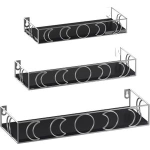 Moon Phase Wall Shelves Black Silver, 3 Pack Small Floating Book Plant Shelves for Bedroom Kid Room, Decorative Storage Display Shelf for Crystal Figurine Collectibles