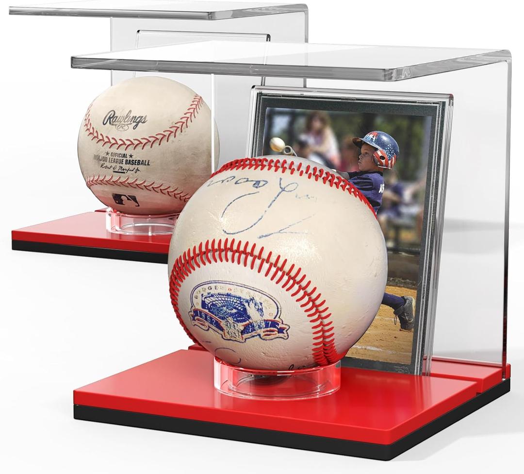 NIUBEE Baseball Display Stand and Card Holder, Acrylic Baseball Stand with Red Base, Suitable for Golf Ball, Softball, Tennis Ball (2-Pack)