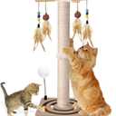 Tall Cat Scratching Post, 33 Inches, Sisal, Interactive Furniture Toys for Indoor Cats Adults, 2 Mounting Methods Large Scratcher Tree Tower with Hanging and Ball Track, Activity Center for All Ages