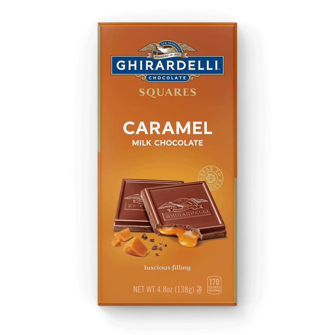 6 x GHIRARDELLI Caramel Milk Chocolate SQUARES Bar Premium Milk Chocolate Candy Bar Filled with Buttery Caramel, Individually Marked for Sharing, 4.8 oz Bar (EXP 11/30/26)