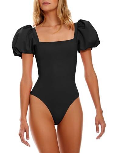 Saodimallsu Womens One Piece Swimsuit Short Puff Sleeve Square Neck Sexy Backless Tummy Control Bathing Suit Black Medium