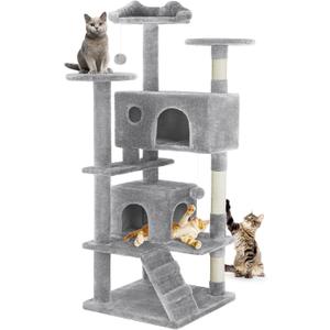 DUMOS 54-inch Indoor Cat Tree Tower Multi-Level Pet House for Large Cats with 2 Condos, Scratching Posts, Round Platform, Small Ladder, and Toys, Light Grey
