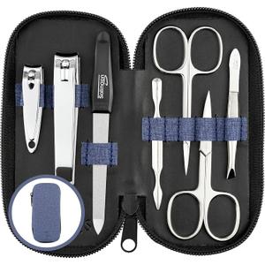 Manicure Set Solingen Made in Germany - 7 Piece Exclusive Finger & Toe Nail Clippers Kit for Women and Men in Vegan Leather Case, Color Jeans (Denim)
