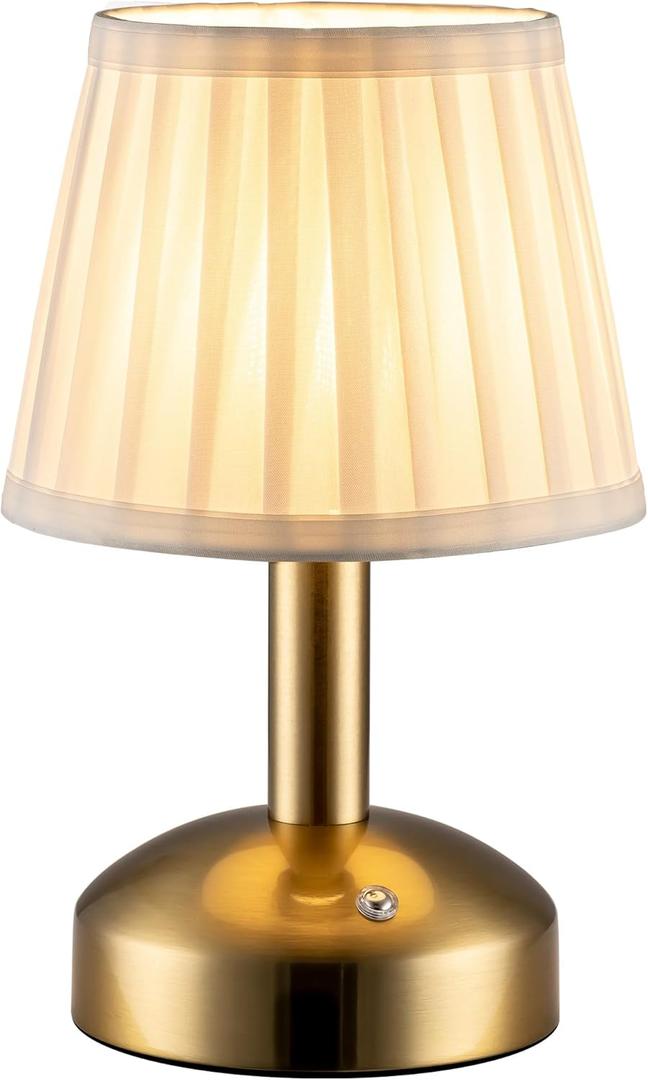 KDG Modern Cordless Small Table Lamp, Portable LED Fabric Shade Desk Lamps, 5000mAh Rechargeable Battery Operated Lighting for Bedroom, Bedside, Bar, Living Room, Dining Room, Night Light(Gold)