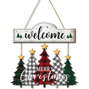 Merry Christmas Wreaths for Front Door Wood Tree Welcome Hanging Sign Xmas Wall Decor for Indoor Outdoor Home Holiday Porch Decorrations