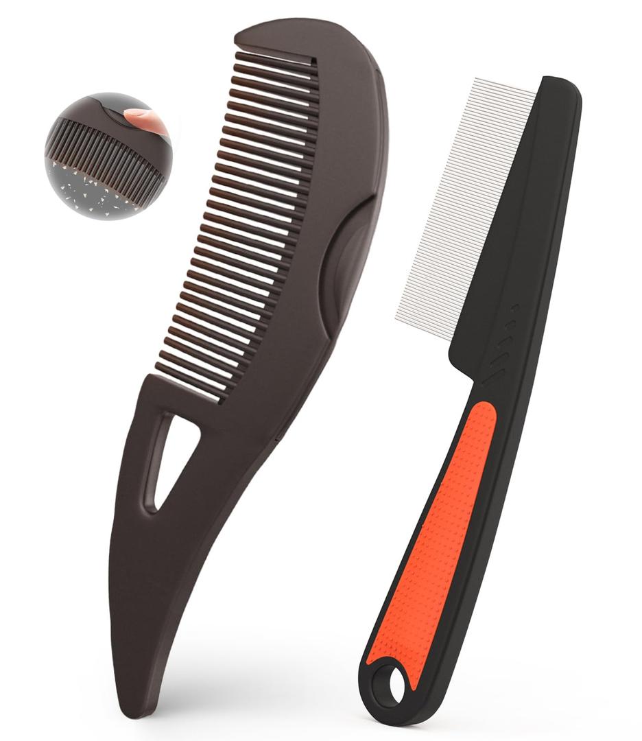 Self-Cleaning Dandruff Comb 2-Pack Set, Hollow Teeth Button-Release Scalp Detox, Fine Tooth 0.5mm & 2mm for Nits Buildup Removal, Women Men Kids, Stainless Steel Ergonomic Anti-Slip Hair Care Tool