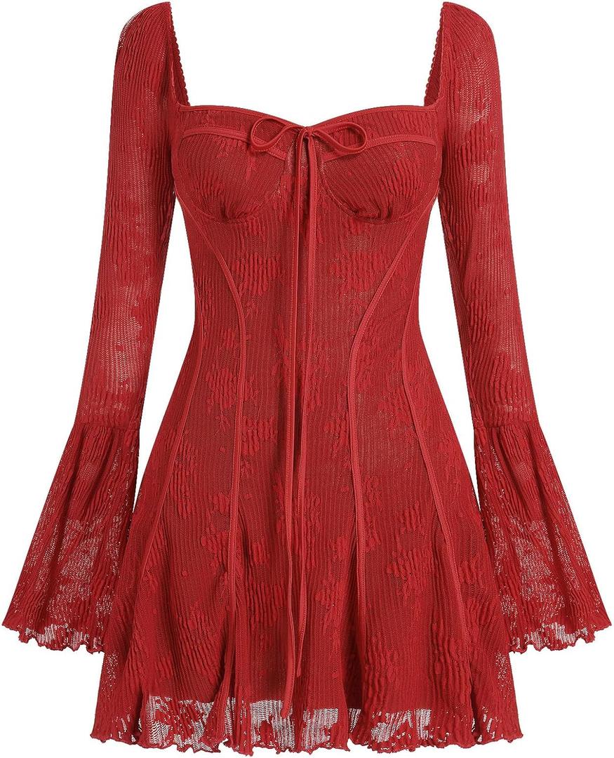 Women's Short Corset Y2k Mini Dress Long Sleeve Low Cut Lace Dress Vintage Solid Floral Party Dresses