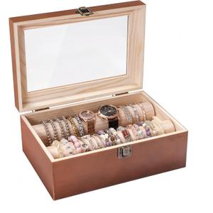Wooden Bracelet Display Holder with Rods for Bangles & Watches Brown Jewelry Organizer Box with Clear Lid, Velvet Lined Storage Case for Women & Girls