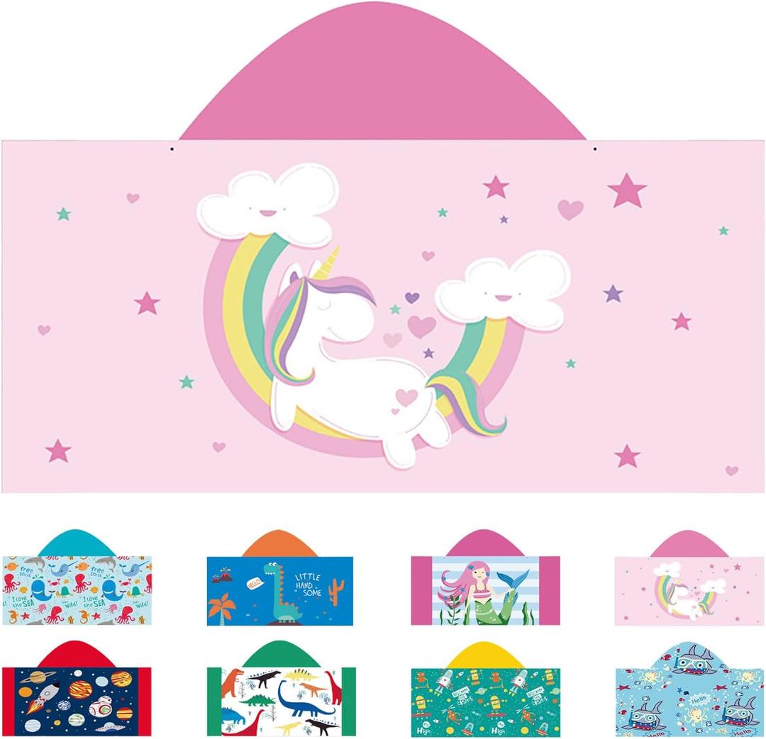 Kids Hooded Beach Towel, Microfiber, 24x50 Inch, Rainbow Unicorn