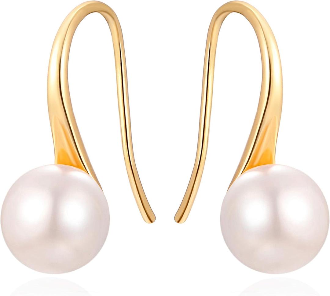 925 Sterling Silver Hoop Handpicked AAA+ Quality 7.5-8mm White Freshwater Cultured Pearl Dangle Drop Earrings Jewelry for Women