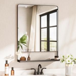TETOTE Black Metal Framed Vanity Mirror with Shelf for Wall, 24x32 Inch Rounded Rectangle Mirror for Wall, Matte Black Bathroom Vanity Mirror, Bathroom Mirror for Farmhouse, Living Room, Bedroom