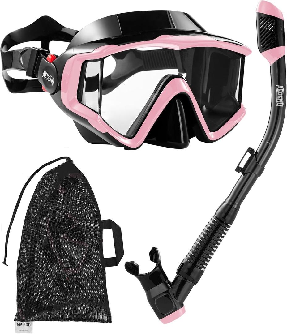 Aegend Snorkeling Gear for Adults Youth Kids, Snorkel Mask with Top Dry Valve - Panoramic View Anti-Leak and Anti-Fog with Mesh Bag for Snorkeling, Scuba Diving, Freediving & Swimming (Pink)