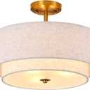 3-Light Semi Flush Mount Ceiling Light Fixture, 16" Gold Drum Light Fixture, Modern Close to Ceiling Light with 2-Laye Fabric Shade Lamps for Bedroom Living Dining Room Hallway Entryway Foyer