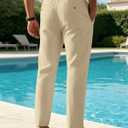Mens Linenl Pants Casual Loose Straight Elastic Suit Waist Drawstring Trousers Lightweight Beach Vacation Pants (Beige, L)