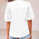 PRETTYGARDEN Women's Summer Tops 2025 Dressy Casual Short Sleeve V Neck Buttons Hollow Out Lace Embroidered Blouses Shirts (White,Small)