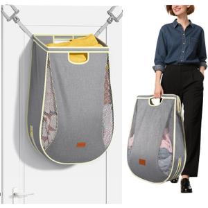 Ligereza Large Capacity Hanging Laundry Hamper Bag,Portable Over The Door Laundry Basket,Breathable Clothes Hamper,for Dormitory/Bathroom/RV Camping 14.5 x 8.6 x 25.5 in (Gray)