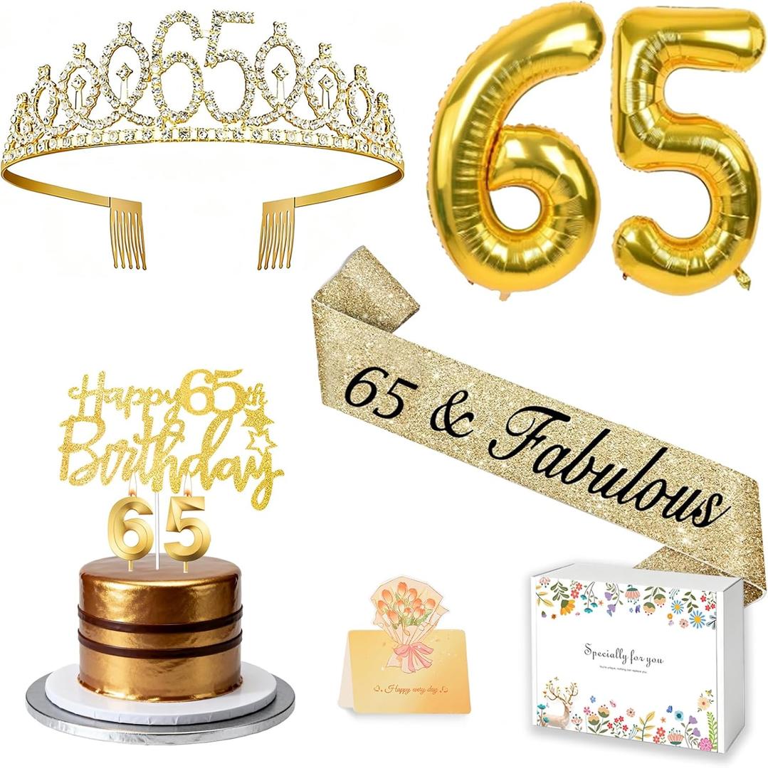 65th Birthday Decorations for Women with 65th Birthday Sash and Crown, Number Balloons, Birthday Card, Cake Topper and Candles, 65 Year Old Female Gifts for Her, Gold