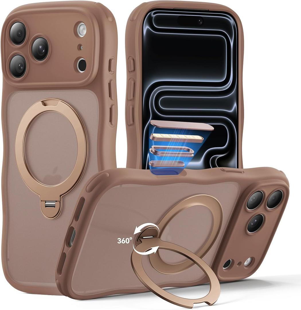 for iPhone 17 Pro Max Case for Women Girls with Stand,Compatible with MagSafe,Camera Control,Full Camera Protection, Cute Wave Magnetic Phone Case for iPhone 17 Pro Max,Brown