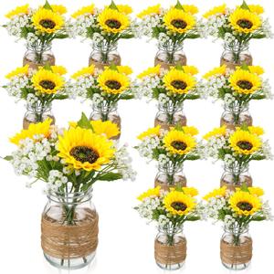 85 Pcs/ 12 Set Sunflower Mason Jar Table Centerpiece Mason Jar Vases Faux Floral with Rope Boho Rustic Flower Table Decoration for Reception Engagement Party Bridal Shower Wedding