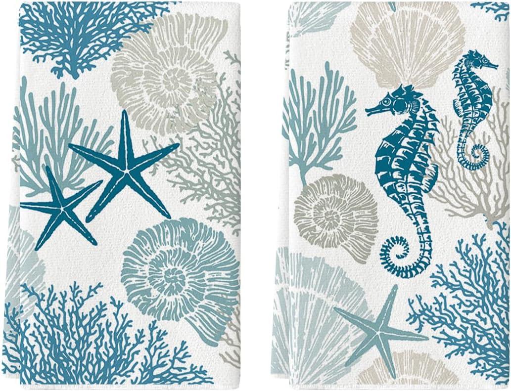 Artoid Mode Starfish Seahorses Coral Summer Kitchen Towels Dish Towels, 18x26 Inch Seasonal Summer Decoration Hand Towels Set of 2