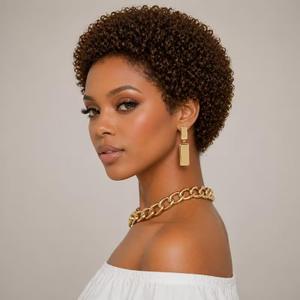 70s Afro Kinky-Curly Pixie Cut Wig Human Hair for Women Short Ombre Brown Afro Kinky Bulk Wig Bomb Fluffy Puff Bouncy Curl 10 Inches 180% Density (Mixed Brown)