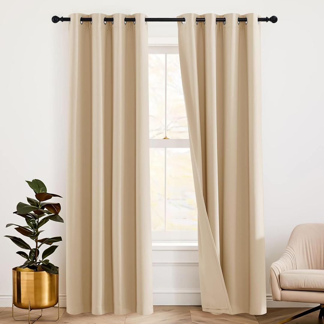 RYB HOME Noise Cancelling Curtains - 3 Layers Blackout Curtains Grommet Privacy Thermal Insulated Window Drapes for Living Room Wall Panels Studio Bedroom, 52 x 84 inches, Biscotti Beige, 2 Pcs