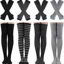 Barrlves 2/4 Sets Womens Striped Knee High Socks Long Knitted Arm Warmers Fingerless Gloves for Halloween Costume (4 Sets Solid Black+White+Deep Grey+Grey), One Size