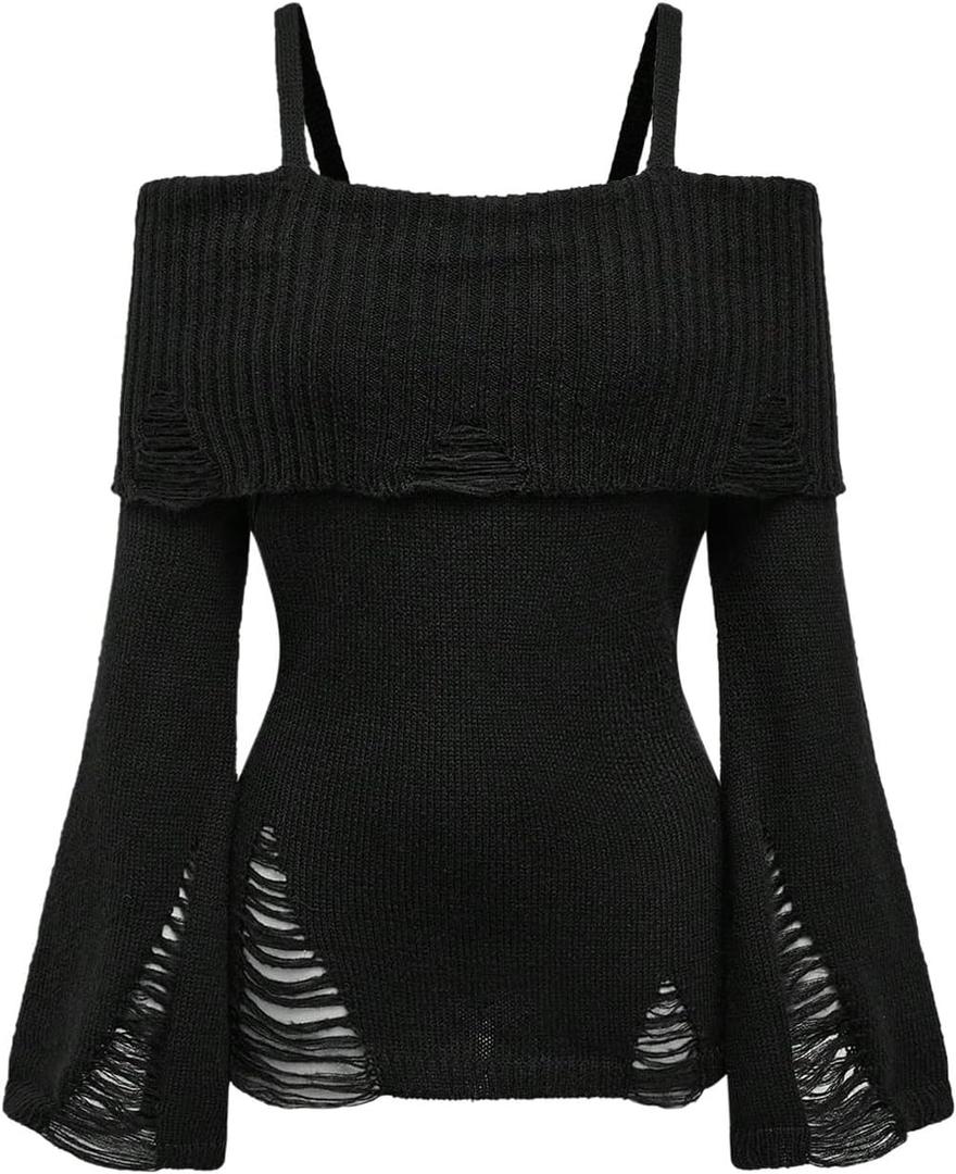 SOLY HUX Women's Cold Shoulder Ripped Sweater Goth Punk Long Sleeve Fitted Jumper Pullovers (Large)