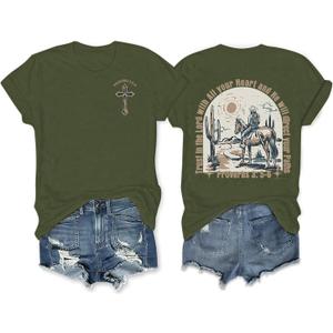 Western Shirts for Women Cowgirl Shirt Vintage Cowboy Country Graphic T Shirt Bible Verse Christian Inspirational Tops (Large, Army Green)