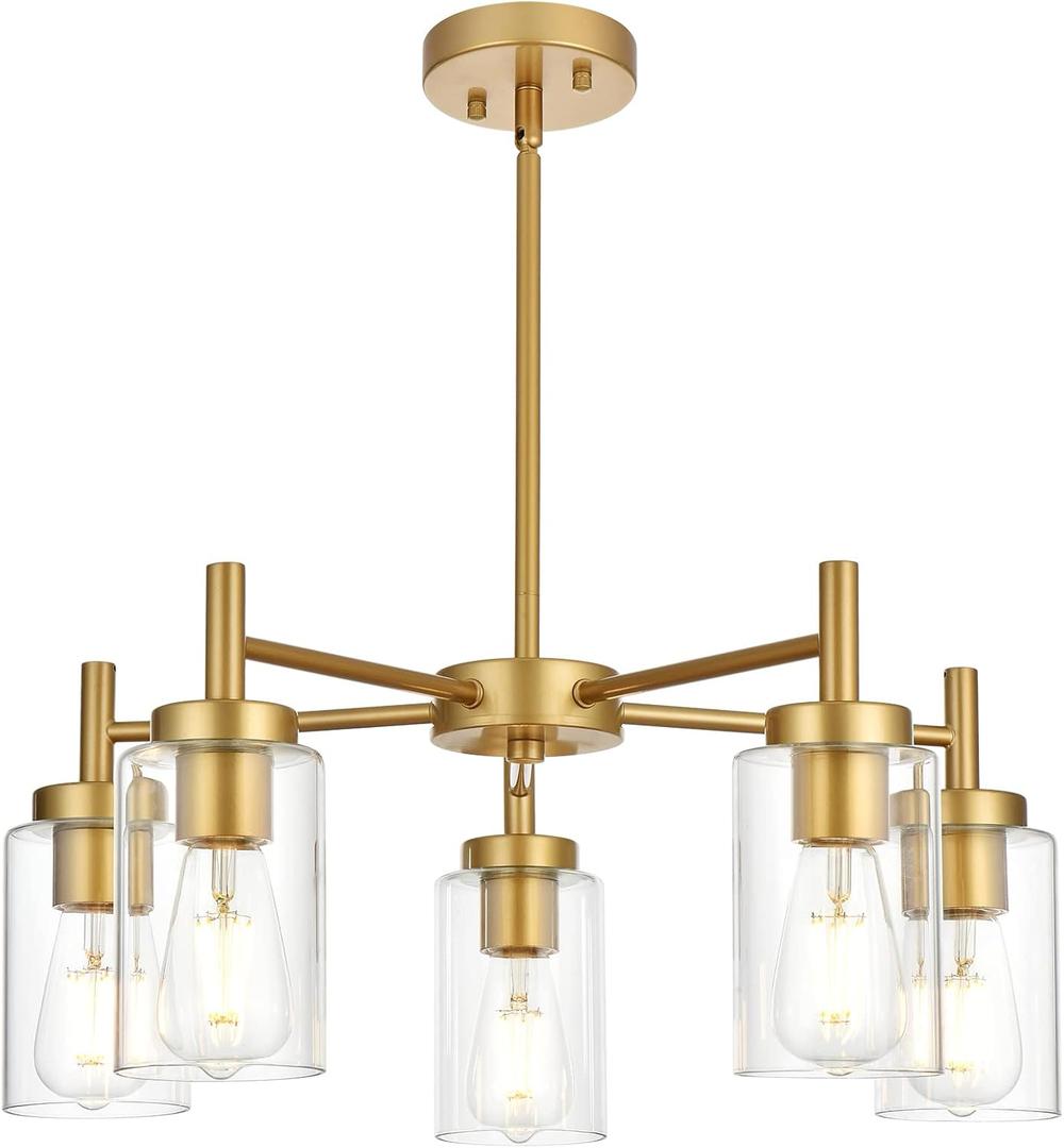Retro Large Chandelier with Clear Glass Shade Metal Indoor Kitchen Island Pendant Lighting in Gold Finish Modern Light Fixture Hanging for Dining Room