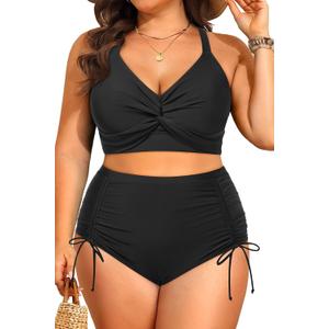 Women's Plus Size High Waisted Bikini -Twist Front Two Piece Swimsuit 2025 Tummy Control Bathing Suits with Drawstring, Size 18W (Black)