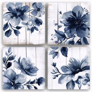 The Mode Art 4 panel Grey and Navy blue Flowers White Wood Wall Art Canvas Print Style of Watercolor Painting Vintage Floral Wall Decor for Kitchen Bathroom Bedroom Each :16x16 inch