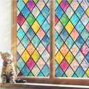 Haton Stained Glass Window Film, Rainbow Window Privacy Film, Decorative Sun Blocking Glass Clings Stickers, Static Cling Colorful Lattice Coverings Decals for Home Door 17.5" x 78.7"