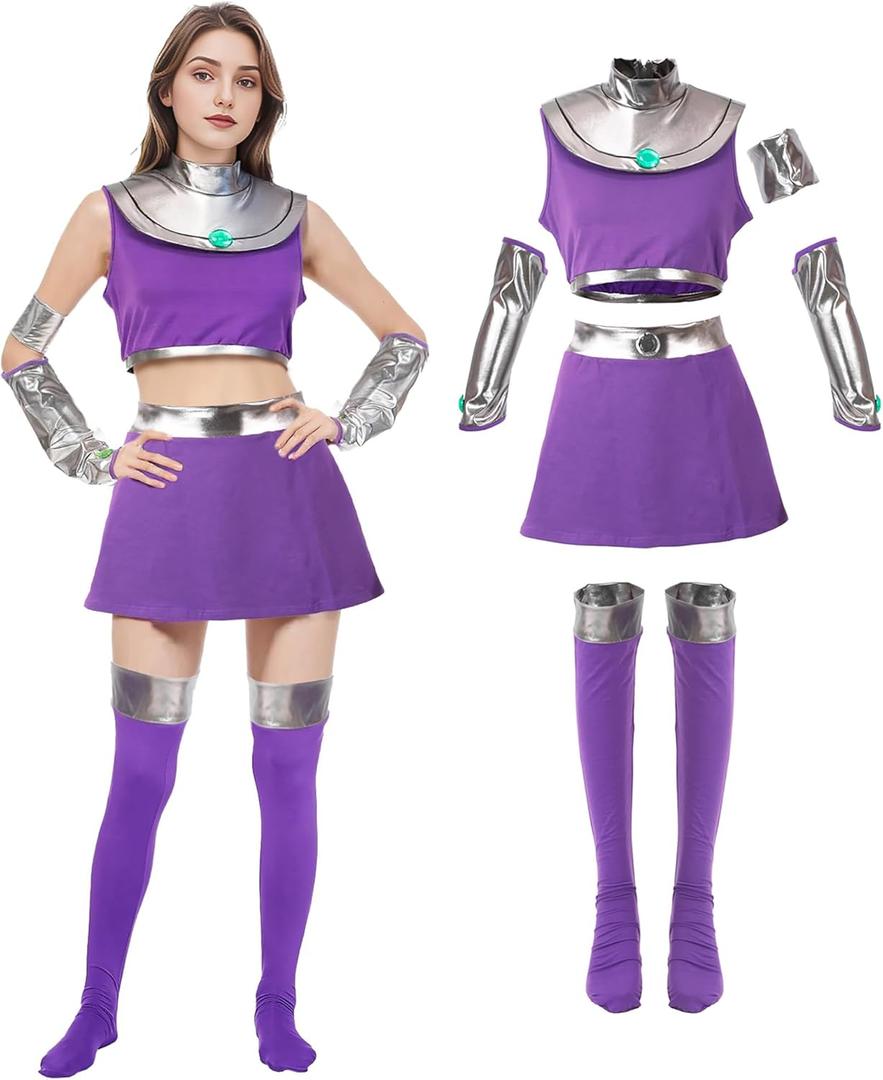 6Pcs Women Starfire Costume Cosplay Outfit Princess Koriand'r Skirt Top Dress Up with Gloves Socks for Halloween Adult (Medium)