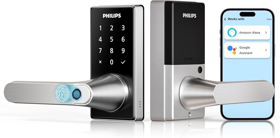 Philips Wi-Fi Smart Door Lock with Handle, Keyless Entry Door Lock for Front Door Lock Set with App Remote Control, Fingerprint Door Handle Lock, Touchscreen Keypad Lever Lock Front Door Handle