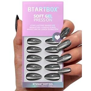 BTArtbox Press On Nails Almond - Spooky, Sparkle Cat Eye Grey Press on Nails with Nail Glue for Woman, Medium Soft Gel Glue On Nails in 15 Sizes - 30 Stick On Nails Kit