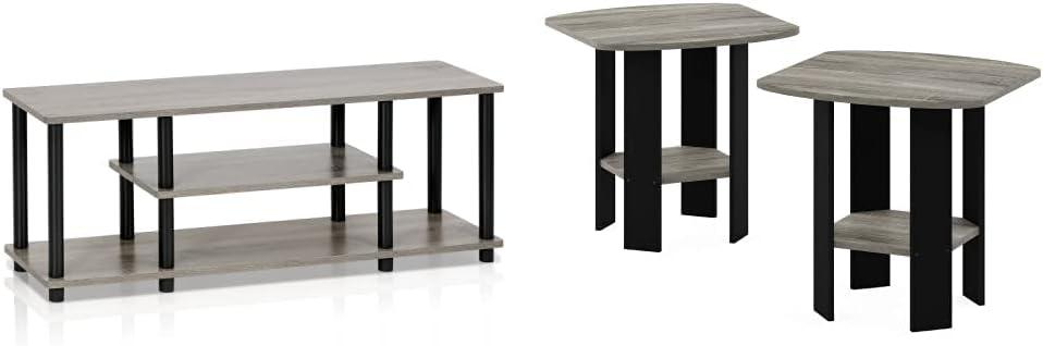 Furinno Turn-N-Tube No Tools 3D 3-Tier Entertainment TV Stand up to 50 inch TV, Round Tubes, French Oak Grey/Black & Simple Design End Table, 2-Pack, French Oak Grey/Black