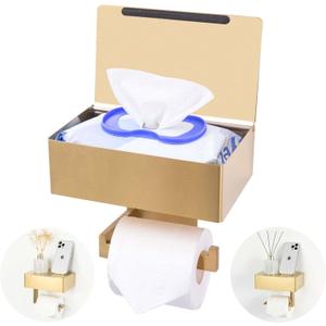 Adhesive Toilet Paper Holder with Shelf and Storage, Wall Mount Toilet Paper Roll Holder & Flushable Wipes Dispenser Set Fits Any Bathroom, Stainless Steel Tissue Holder-Square, Gold