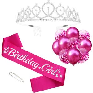 Birthday Girl Sash and Rhinestone Tiara Kit, Silver Letter Hot Pink Birthday Sash Balloons Crystal Silver Tiara Crowns for Girl Birthday Gift Ideas Party Decorations