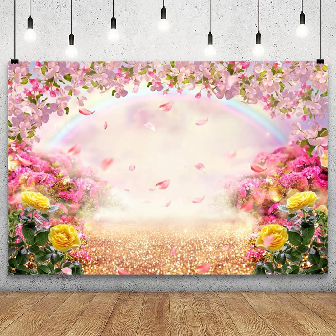 YongFoto 20x10ft Spring Floral Backdrop Pink Yellow Flowers Petal Rainbow Wonderland Dreamy Photography Background Baby Shower Girl Princess Birthday Party Kids Adults Portrait Photo Studio Props