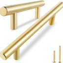 QOGRISUN 5-Pack Solid Brass Cabinet Pulls, Gold Euro Stvle T-Bar Handles, 6-1/4 Inch Hole Center for Kitchen Drawers, Cupboard, Dresser, Bathroom Vanity, Brushed Brass Finish