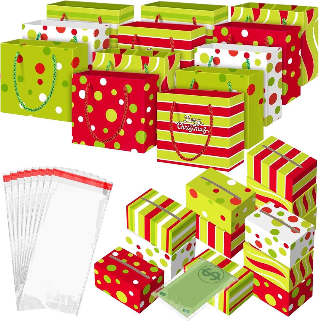 Cholemy 12 Set Red and Green Christmas Money Boxes for Cash Gift Pull, Christmas Surprise Money Holder Gift Box with 240 Pcs Transparent Bags for Xmas Party Game Favors(Cute) (multicolor)