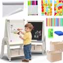 Art Easel for Kids 2-4 with Wheels, Whiteboard, Chalkboard & Paper Roll Adjustable Height 3-in-1 Toddler Easel for 2-4 Year Old Painting Easel for Kids with Storage & Accessories, Grey