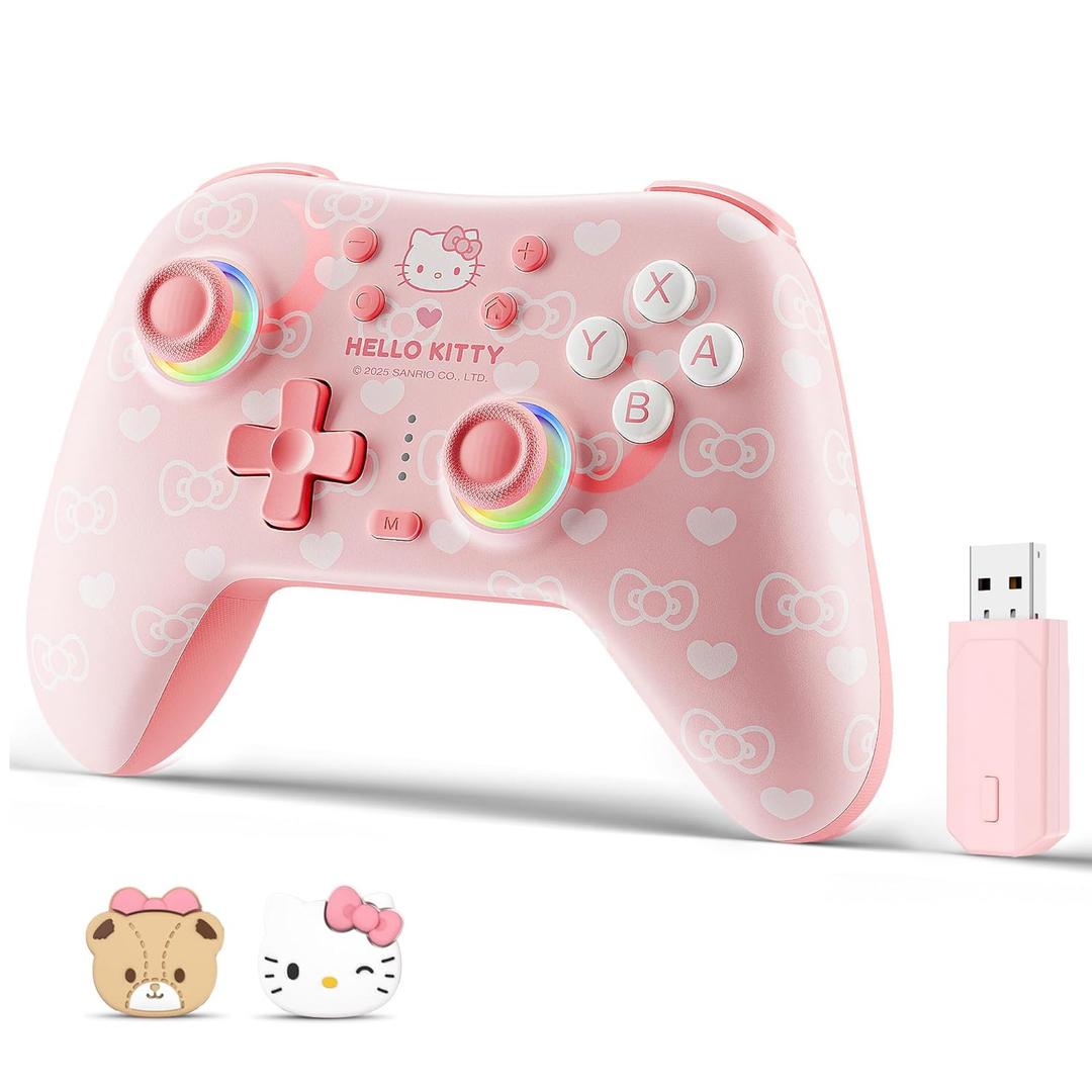 Kuitmor Pink Switch Controller,Hello Kitty Hall Effect Controllers Wireless for Switch 2/1/OLED/Lite,PC,Android,iOS | 2.4G Receiver + Bluetooth,1000mAh Battery,6-Axis Gyro,Dual Vibration,RGB Breathing Light
