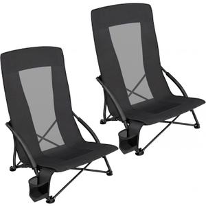 SONGMICS Set of 2 Portable Beach Chairs for Adults, Max. Load 330 lb Each, High Backrest, Cup Holder, Lightweight, Heavy-Duty, Black UGCB067B01V1