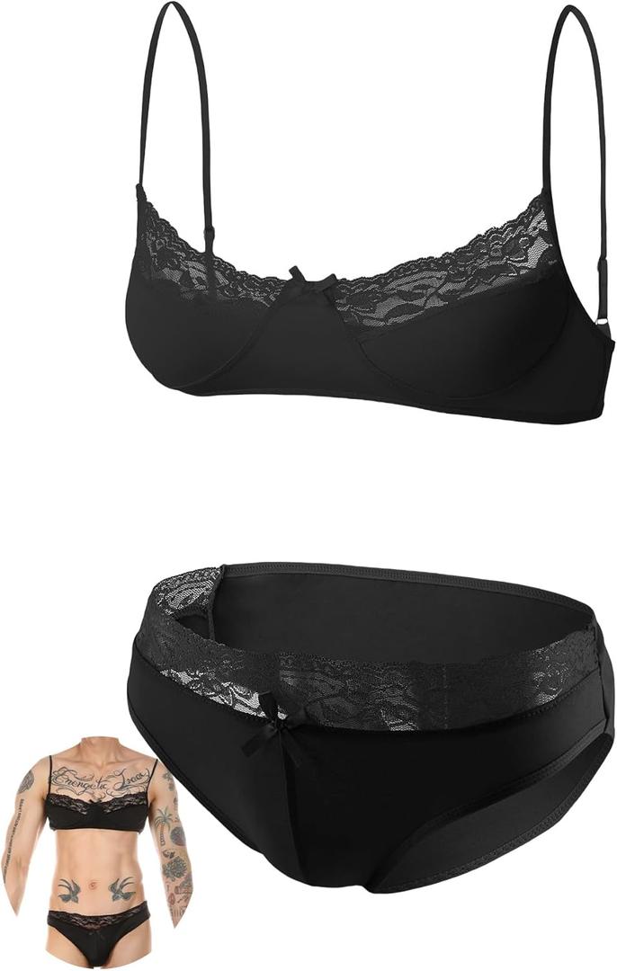 Mens Sissy Lingerie Set Lace Bra Top Briefs Crossdressing Gay Role Play Adjustable Straps Underwear S-2XL (XL)