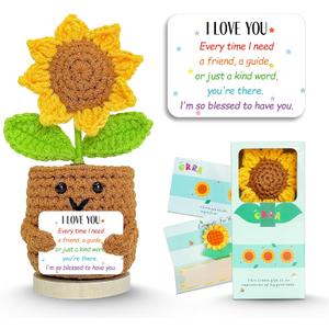 3 x Birthday Gifts for Mom, Handmade Positive Crochet Sunflower for Home Office Desk Decor, Thank You Gifts for Women Teacher Friend Daughter Nurse Coworker,Emotional Support Plant with Positive Card (I`m So Blessed to Have You)