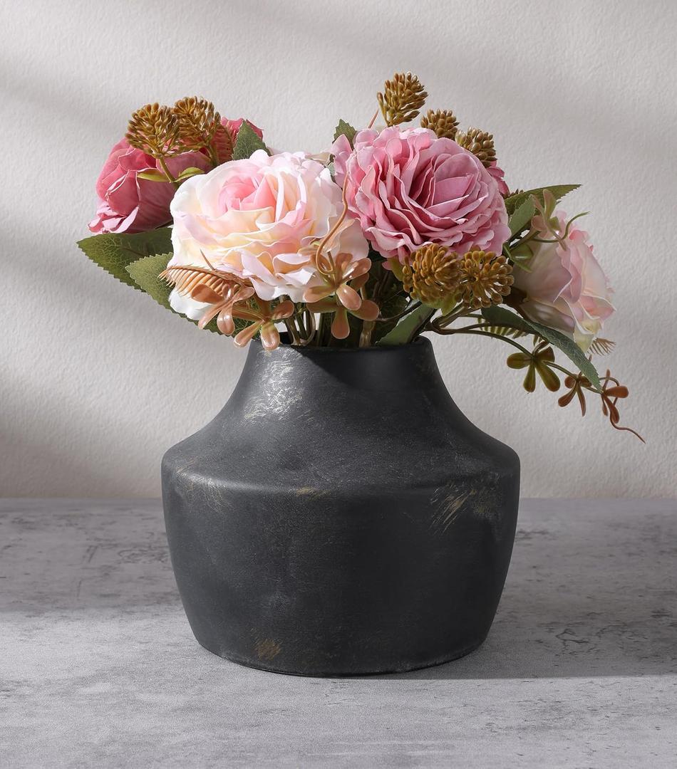 FancyPlus Black Ceramic Flower Vase, 5.3 in Rustic Farmhouse Vase, Small Handcrafted Weathered Pottery Vases, Decorative Terracotta Vases for Flower, Living Room, Centerpieces, Table, Home Decor